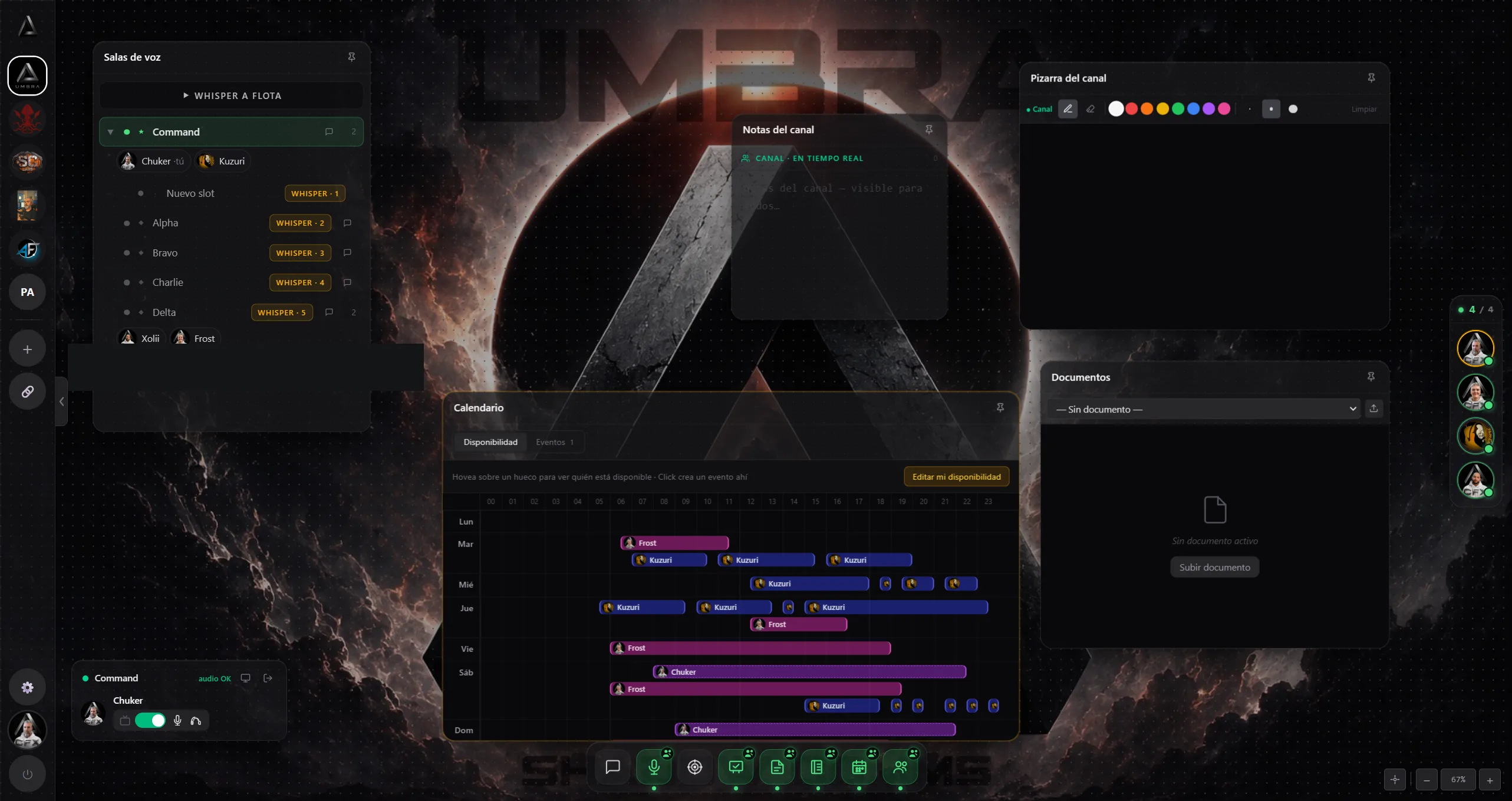 Interfaz de UMBRA: salas de voz y espacio de trabajo
